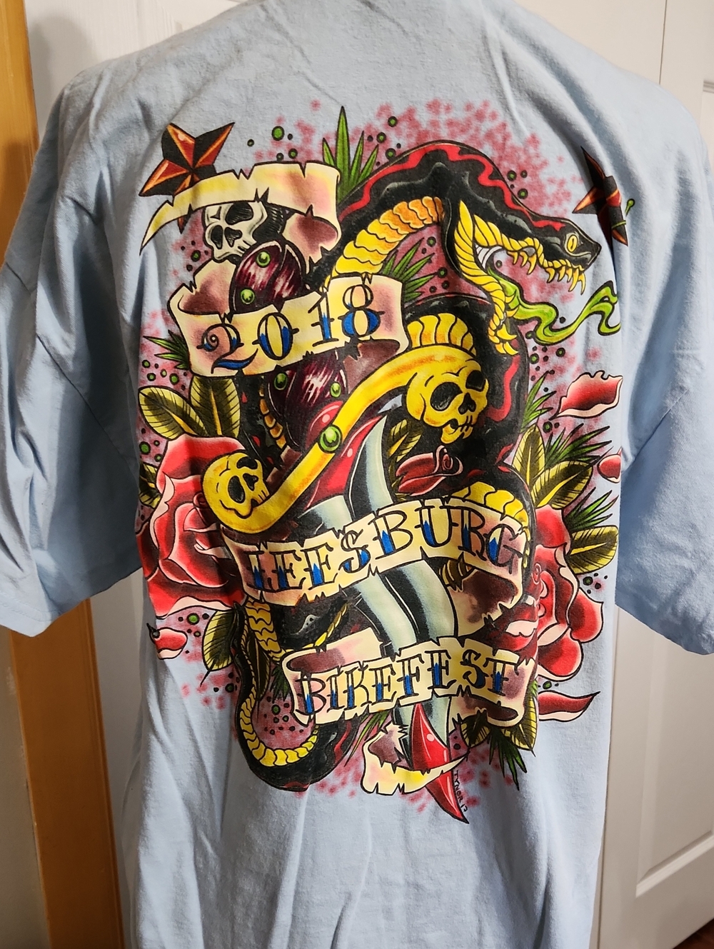 Light Blue 2018 Leesburg Bikefest Short Sleeve Tee with Snake & Rose Graphic